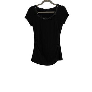 White House Black Market Top Women S Black Beaded Neck Short Sleeve Boho Casual
